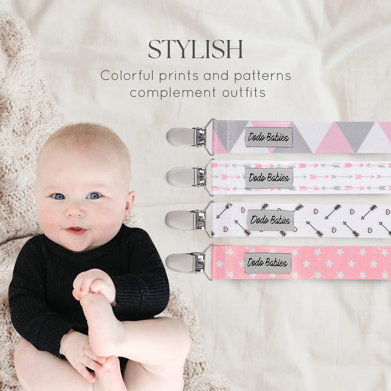 Dodo Babies Pacifier Clip with Case Set - 5-Piece Set, Pink & Gray Prints - Universal Binkie Clip & Holder Fits Most Pacifiers & Teethers - Secure Fastener for Bibs & Baby Car Seat - Image 5